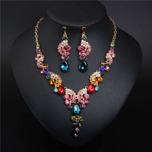 Luxurious Crystal Gem Bridal Fashion Necklace and Earrings Set - Multicolor