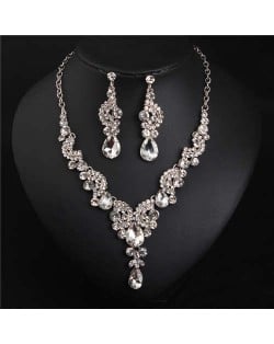 Luxurious Crystal Gem Bridal Fashion Necklace and Earrings Set - White