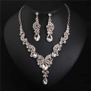 Luxurious Crystal Gem Bridal Fashion Necklace and Earrings Set - White