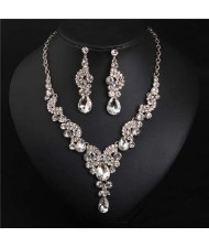 Luxurious Crystal Gem Bridal Fashion Necklace and Earrings Set - White