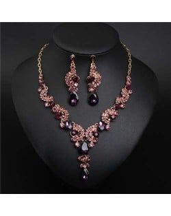 Luxurious Crystal Gem Bridal Fashion Necklace and Earrings Set - Grape