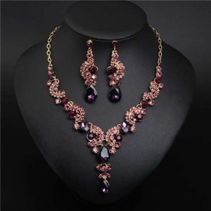 Luxurious Crystal Gem Bridal Fashion Necklace and Earrings Set - Grape