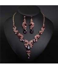 Luxurious Crystal Gem Bridal Fashion Necklace and Earrings Set - Grape