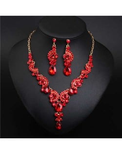 Luxurious Crystal Gem Bridal Fashion Necklace and Earrings Set - Red