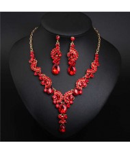 Luxurious Crystal Gem Bridal Fashion Necklace and Earrings Set - Red