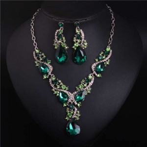 Glistening Water Drop Design Banquet Style Necklace and Earrings Set - Green