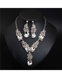 Glistening Water Drop Design Banquet Style Necklace and Earrings Set - White