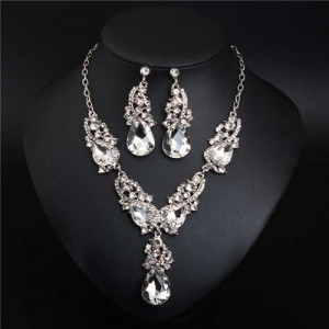 Glistening Water Drop Design Banquet Style Necklace and Earrings Set - White