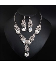 Glistening Water Drop Design Banquet Style Necklace and Earrings Set - White