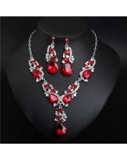 Glistening Water Drop Design Banquet Style Necklace and Earrings Set - Red