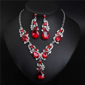 Glistening Water Drop Design Banquet Style Necklace and Earrings Set - Red