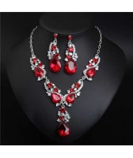 Glistening Water Drop Design Banquet Style Necklace and Earrings Set - Red