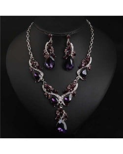 Glistening Water Drop Design Banquet Style Necklace and Earrings Set - Grape