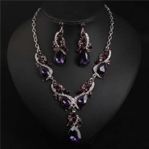 Glistening Water Drop Design Banquet Style Necklace and Earrings Set - Grape