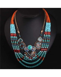 Ethnic Fashion Bohemian Style Multi-layers Handmade Blue Beads Women Costume Necklace