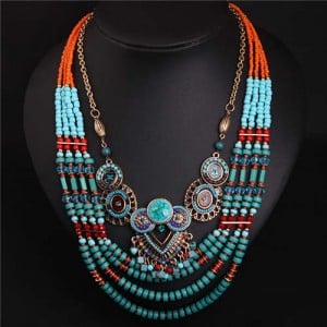 Ethnic Fashion Bohemian Style Multi-layers Handmade Blue Beads Women Costume Necklace