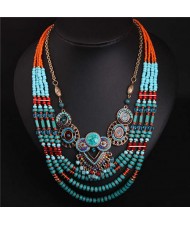 Ethnic Fashion Bohemian Style Multi-layers Handmade Blue Beads Women Costume Necklace