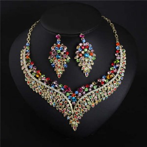 Exaggerated Shining Rhinestone Wheat Ears Design Necklace Earrings Set - Multicolor