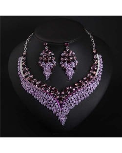 Exaggerated Shining Rhinestone Wheat Ears Design Necklace Earrings Set - Violet