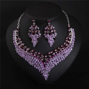 Exaggerated Shining Rhinestone Wheat Ears Design Necklace Earrings Set - Violet