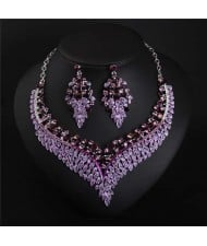 Exaggerated Shining Rhinestone Wheat Ears Design Necklace Earrings Set - Violet