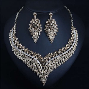Exaggerated Shining Rhinestone Wheat Ears Design Necklace Earrings Set - Champagne