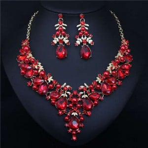 Bold Fashion Rhinestone and Pearl Water Drop Design Prom Necklace and Earrings Set - Red