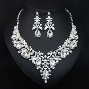 Bold Fashion Rhinestone and Pearl Water Drop Design Prom Necklace and Earrings Set - White