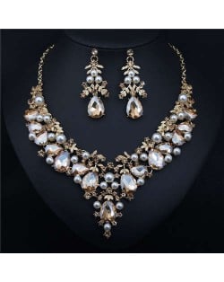 Bold Fashion Rhinestone and Pearl Water Drop Design Prom Necklace and Earrings Set - Champagne