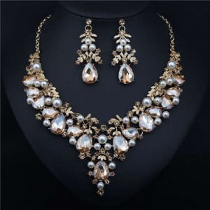 Bold Fashion Rhinestone and Pearl Water Drop Design Prom Necklace and Earrings Set - Champagne