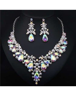 Bold Fashion Rhinestone and Pearl Water Drop Design Prom Necklace and Earrings Set - Luminous White