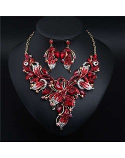 Exaggerated Painting Floral Style Crystal Prom Necklace and Earrings Set - Red