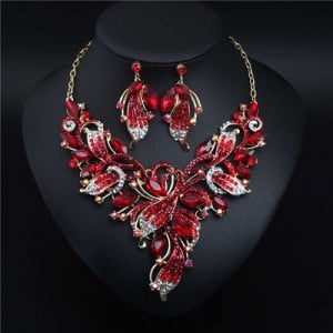 Exaggerated Painting Floral Style Crystal Prom Necklace and Earrings Set - Red
