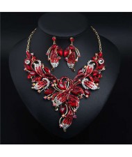 Exaggerated Painting Floral Style Crystal Prom Necklace and Earrings Set - Red