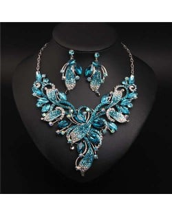 Exaggerated Painting Floral Style Crystal Prom Necklace and Earrings Set - Blue