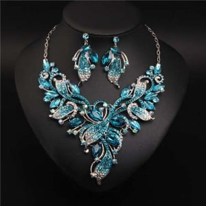 Exaggerated Painting Floral Style Crystal Prom Necklace and Earrings Set - Blue