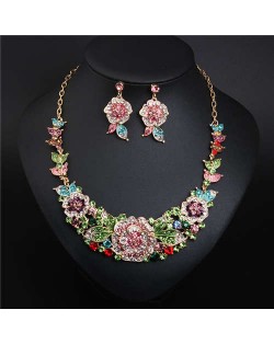 European and American Style Blooming Flower Rhinestone Prom Fashion Necklace and Earrings Set - Multicolor