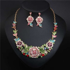 European and American Style Blooming Flower Rhinestone Prom Fashion Necklace and Earrings Set - Multicolor