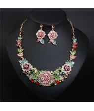 European and American Style Blooming Flower Rhinestone Prom Fashion Necklace and Earrings Set - Multicolor