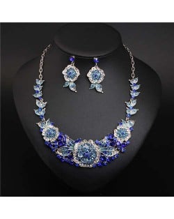 European and American Style Blooming Flower Rhinestone Prom Fashion Necklace and Earrings Set - Blue