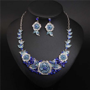 European and American Style Blooming Flower Rhinestone Prom Fashion Necklace and Earrings Set - Blue