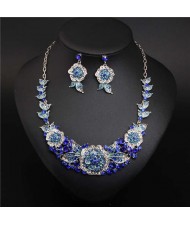 European and American Style Blooming Flower Rhinestone Prom Fashion Necklace and Earrings Set - Blue