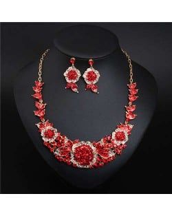 European and American Style Blooming Flower Rhinestone Prom Fashion Necklace and Earrings Set - Red