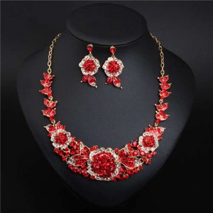 European and American Style Blooming Flower Rhinestone Prom Fashion Necklace and Earrings Set - Red