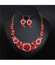 European and American Style Blooming Flower Rhinestone Prom Fashion Necklace and Earrings Set - Red