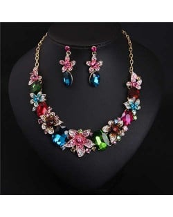 Elegant Flower Crystal Gem Chopped Evening Wear Necklace and Earrings Set - Multicolor