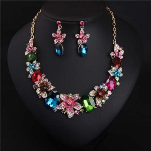 Elegant Flower Crystal Gem Chopped Evening Wear Necklace and Earrings Set - Multicolor