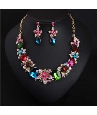 Elegant Flower Crystal Gem Chopped Evening Wear Necklace and Earrings Set - Multicolor