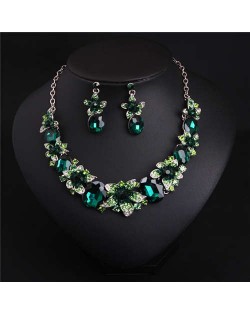 Elegant Flower Crystal Gem Chopped Evening Wear Necklace and Earrings Set - Green