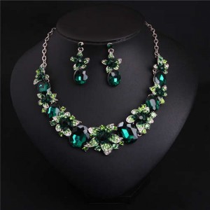 Elegant Flower Crystal Gem Chopped Evening Wear Necklace and Earrings Set - Green